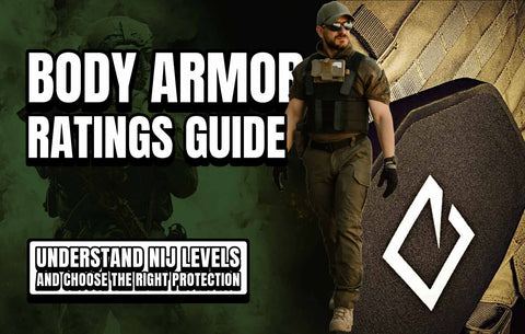 Illustration of tactical gear with labeled NIJ protection levels, representing the Body Armor Ratings Guide – Understand NIJ levels and choose the right protection.