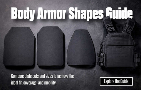 Body Armor Shapes Guide banner comparing plate cuts and sizes for ideal fit, coverage, and mobility