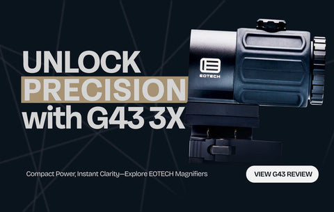 EOTECH G43 3X Precision Magnifier showcased with the headline "Unlock Precision with G43 3X" and the tagline "Compact Power, Instant Clarity—Explore EOTECH Magnifiers" on a sleek, modern black and white website banner.