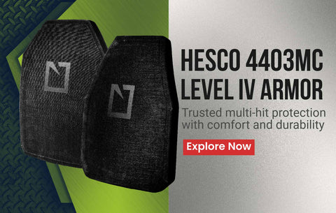 Banner reading "Hesco 4403MC Level IV Armor – Trusted multi-hit protection with comfort and durability"
