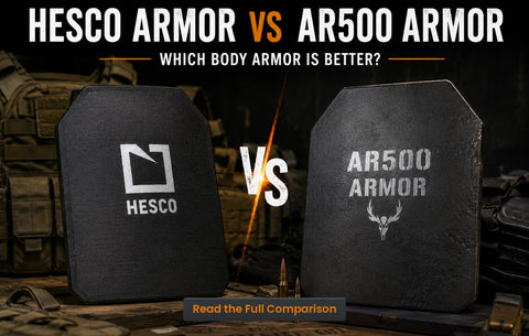 HESCO Armor vs AR500 body armor comparison showing ceramic and steel ballistic plates side by side in a tactical setting, highlighting protection, weight, and durability differences.