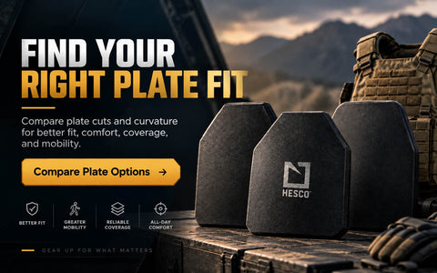HESCO body armor plates showing different plate shapes and curvature options for fit, comfort, coverage, and mobility