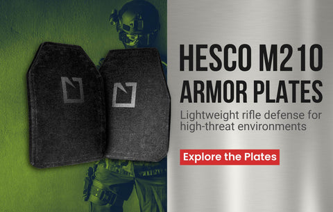 Banner reading: Hesco M210 Armor Plates – Lightweight rifle defense for high-threat environments, featuring multi-hit rated special threat protection.
