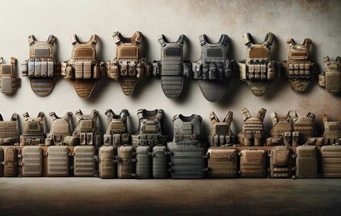 Banner displaying various types of plate carriers with tactical and low-profile designs, emphasizing their features against a military-inspired background.