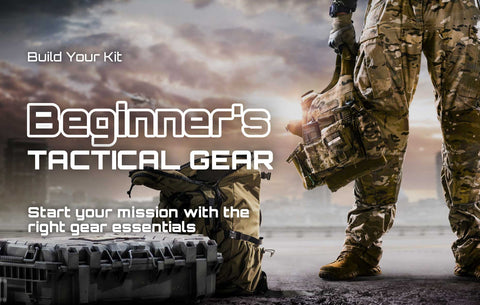 Tactical gear essentials laid out for beginners, including backpack, boots, vest, and accessories.
