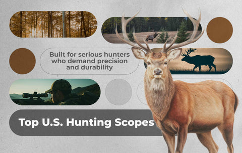 Top U.S. Hunting Scopes – Built for serious hunters who demand precision and durability, featuring premium American-made optics in a clean studio setting.