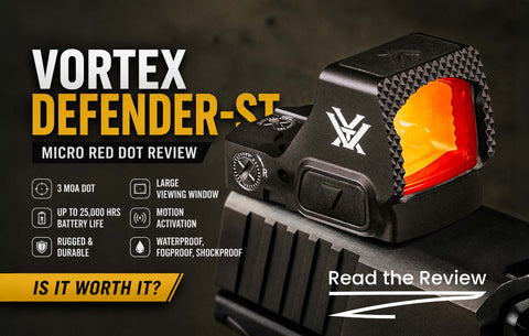 Vortex Defender-ST Micro Red Dot review banner highlighting rugged durability, 3 MOA precision, 25,000-hour battery life, and multi-platform compatibility for handguns, shotguns, and carbines