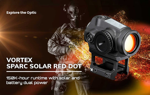 Banner reading Vortex SPARC Solar Red Dot – 150K-hour runtime with solar and battery dual power