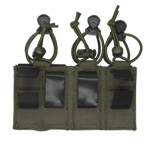 Ranger green tactical pouch with multiple loops and black straps on a white background