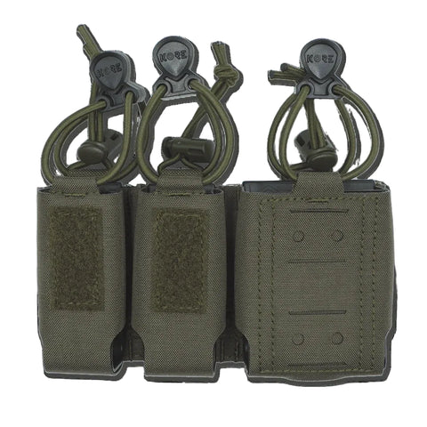 Three ranger green tactical pouches with attached lanyards displayed side by side on a white background.