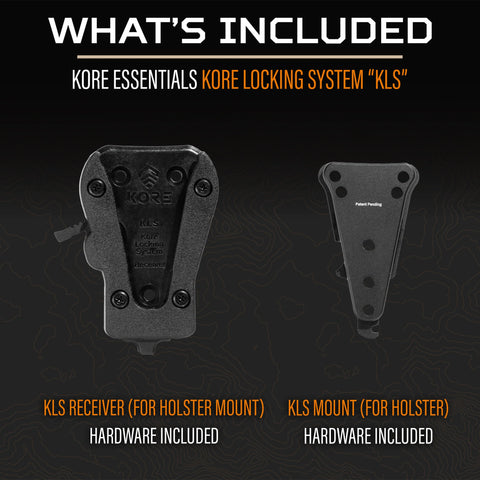 Kore Essentials KLS Locking System components on a black background with text indicating what's included.