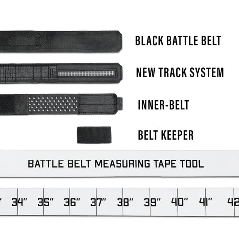 Black battle belt with components and measurement chart on a white background