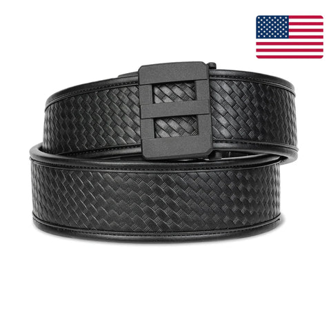 Black woven leather belt with a black buckle on a white background, featuring an American flag icon.