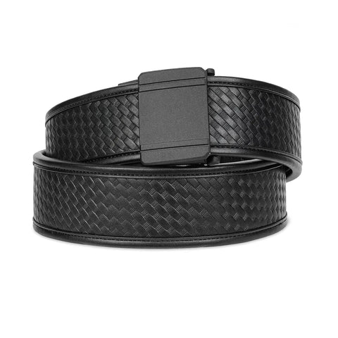 Kore D1 heavy-duty 2.25-inch basketweave tactical belt with micro-adjustable track system for police, military, and security personnel.
