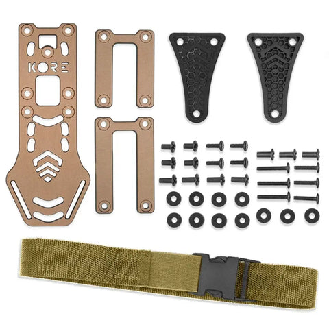 KORE Holster Mount in flat dark earth color, adjustable aluminum holster adapter for 1.75-inch battle belts and 2.25-inch duty belts, compatible with Safariland.