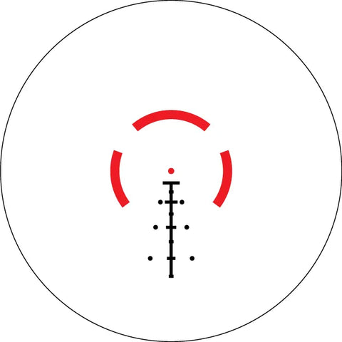 Circular design with a central black symbol and red concentric circles on a white background