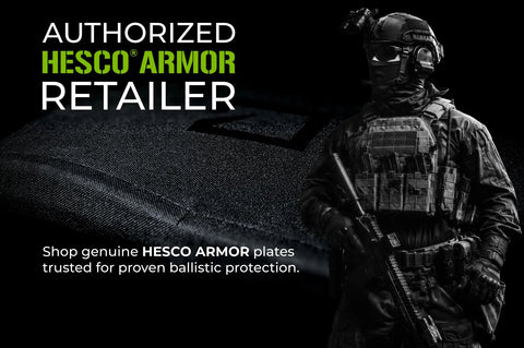 Tactical operator wearing Hesco armor plates in a dark industrial environment with cinematic lighting and mission-ready gear setup
