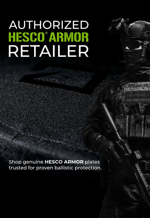 Tactical operator wearing Hesco armor plates in a dark industrial environment with cinematic lighting and mission-ready gear setup