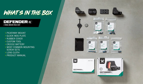 Defender-XL Micro Red Dot with Picatinny mount, Glock MOS plate, CR2032 battery, and cover