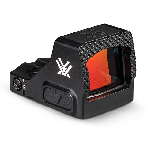Black tactical sight with red reticle on a white background