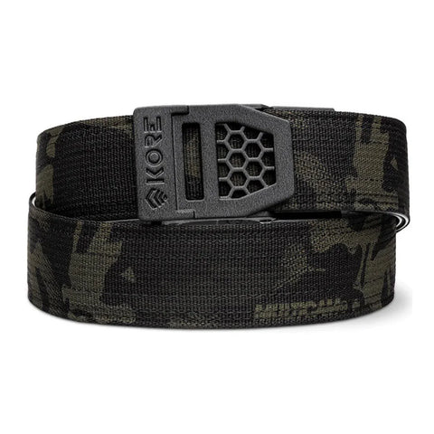 Kore X6 tactical gun belt with black buckle and Multicam design, 1.5-inch width, durable and adjustable for military, law enforcement, or outdoor use.