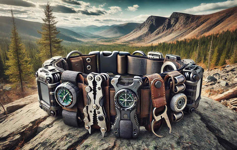 Panoramic view of a tactical belt with survival tools, set against a forested wilderness backdrop