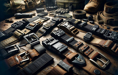 Various tactical belts on a wooden table, including rigger, duty, and instructor belts with rugged materials and heavy-duty buckles, alongside tactical gear.