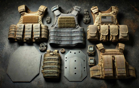 Various types of body armor and armor plates displayed on a tactical backdrop, showcasing soft vests, hard ceramic, and polyethylene plates.