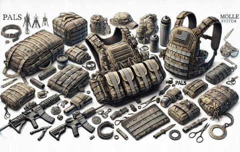 Detailed illustration of various MOLLE gear including a tactical vest, backpack, and multiple pouches, highlighting the PALS webbing in a setting that blends military and outdoor recreational uses