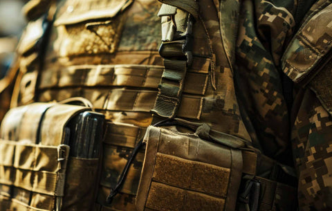 Close-up view of a military armor plate carrier vest featuring a MOLLE system for tactical gear attachment