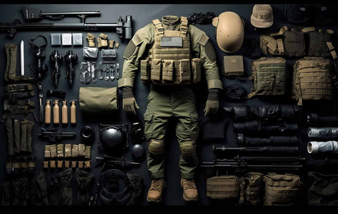 Assortment of high-quality military equipment and special force gear displayed in a variety of environments, showcasing versatility and robustness.