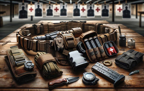 Tactical belt setup on a wooden table with magazine pouches, a first aid kit, multi-tool, knife, and flashlight, against a blurred tactical training background.