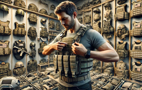 Middle-aged Caucasian man demonstrating the correct setup of a black tactical vest in a training room environment, with various tactical gear items like helmets and backpacks visible in the background