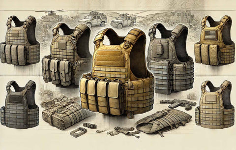 Illustration of diverse tactical vests for various settings, including urban and woodland, highlighting different designs like plate carriers and lightweight vests