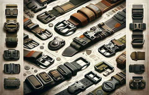 Variety of tactical belts with different materials, buckle designs, and functional features on a tactical-themed background.