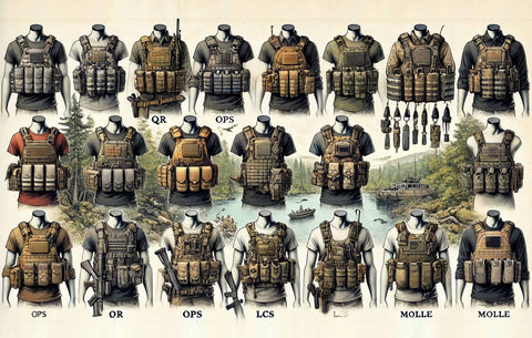 Illustration of tactical vests with QR, OPS, LCS, and MOLLE systems in various settings like forests and military bases, highlighting their features and versatility