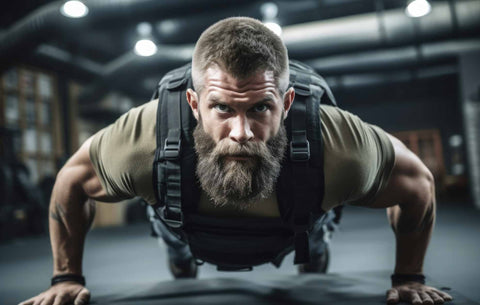 "Fitness enthusiast performing push-ups in gym wearing military-style tactical vest, highlighting chest and core strength.