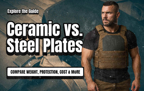 Banner titled Ceramic vs. Steel Plates with the subheading Compare weight, protection, cost & more, illustrating side-by-side visuals of ceramic and steel body armor plates on a tactical background.