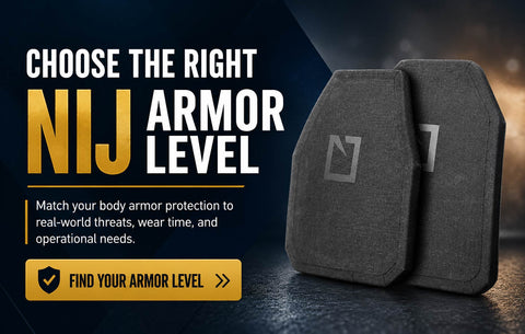 Body armor plates with Choose the Right NIJ Armor Level banner and protection selection guidance