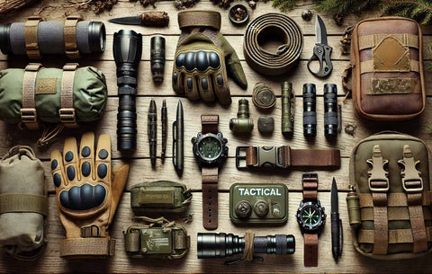 Essential outdoor survival gear on a wooden surface, including tactical gloves, flashlight, belt, compass, and first-aid kit for adventure preparedness