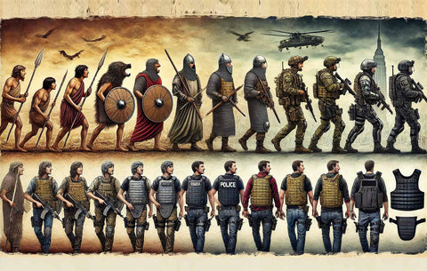 Timeline of tactical vests from ancient skins to modern Kevlar, showing historical to present-day military and police gear