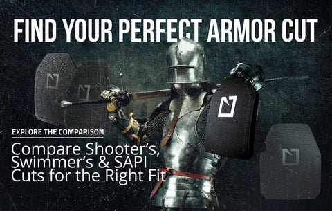 Banner with the text "Find Your Perfect Armor Cut – Compare Shooter’s, Swimmer’s & SAPI Cuts for the Right Fit"