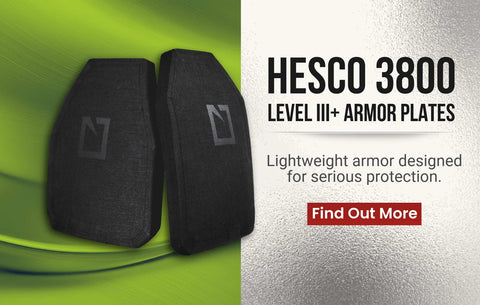 Banner reading “Hesco 3800 Level III+ Armor Plates” with the description “Ultra-light rifle protection built for performance and mobility.”