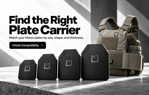 Hesco armor plates in multiple sizes displayed with a tactical plate carrier for fit and compatibility guidance