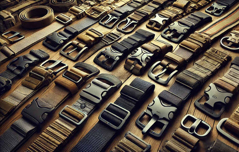 Array of tactical belts on a wooden surface, showcasing various types and materials suitable for military and law enforcement.