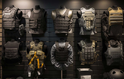 Display of tactical vests in a gear shop, featuring various styles and configurations suitable for military and outdoor use.