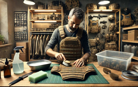 Man in a garage carefully cleaning a tactical plate carrier on a table surrounded by cleaning supplies, highlighting meticulous maintenance practices.