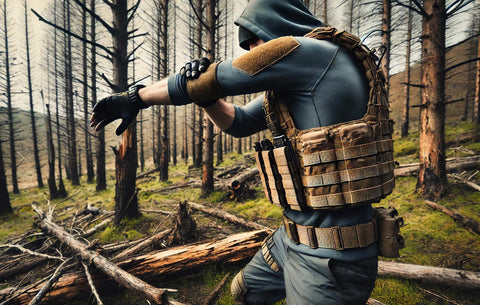 Person in tactical gear performing a mobility test with a plate carrier in an outdoor wooded area