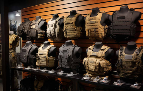 Display showcasing a variety of tactical vests for military and survival use.