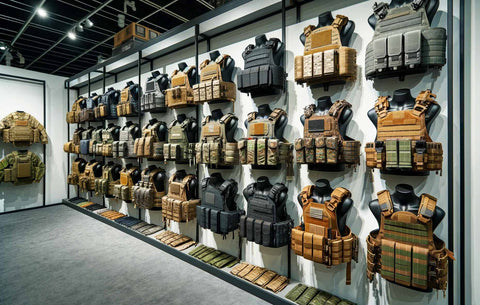 Variety of tactical vests displayed, featuring plate carriers, MOLLE systems, and holsters